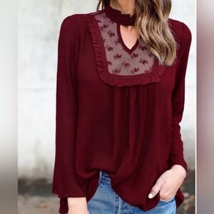 StyleDome Women's NWT Red Lacc High Neck Long Sleeve Ruffle Blouse Size Small